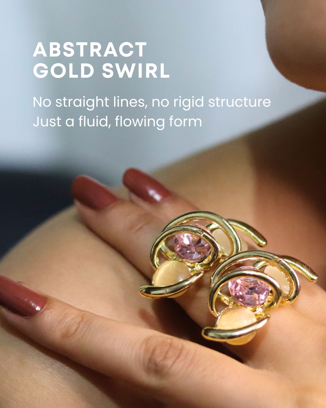 Abstract Gold Swirl Earrings with Pink Stone – Anti Tarnish Stainless Steel Designer Studs 2 Antique Stone Earrings with Pink Stone Anti Tarnish Stainless Steel