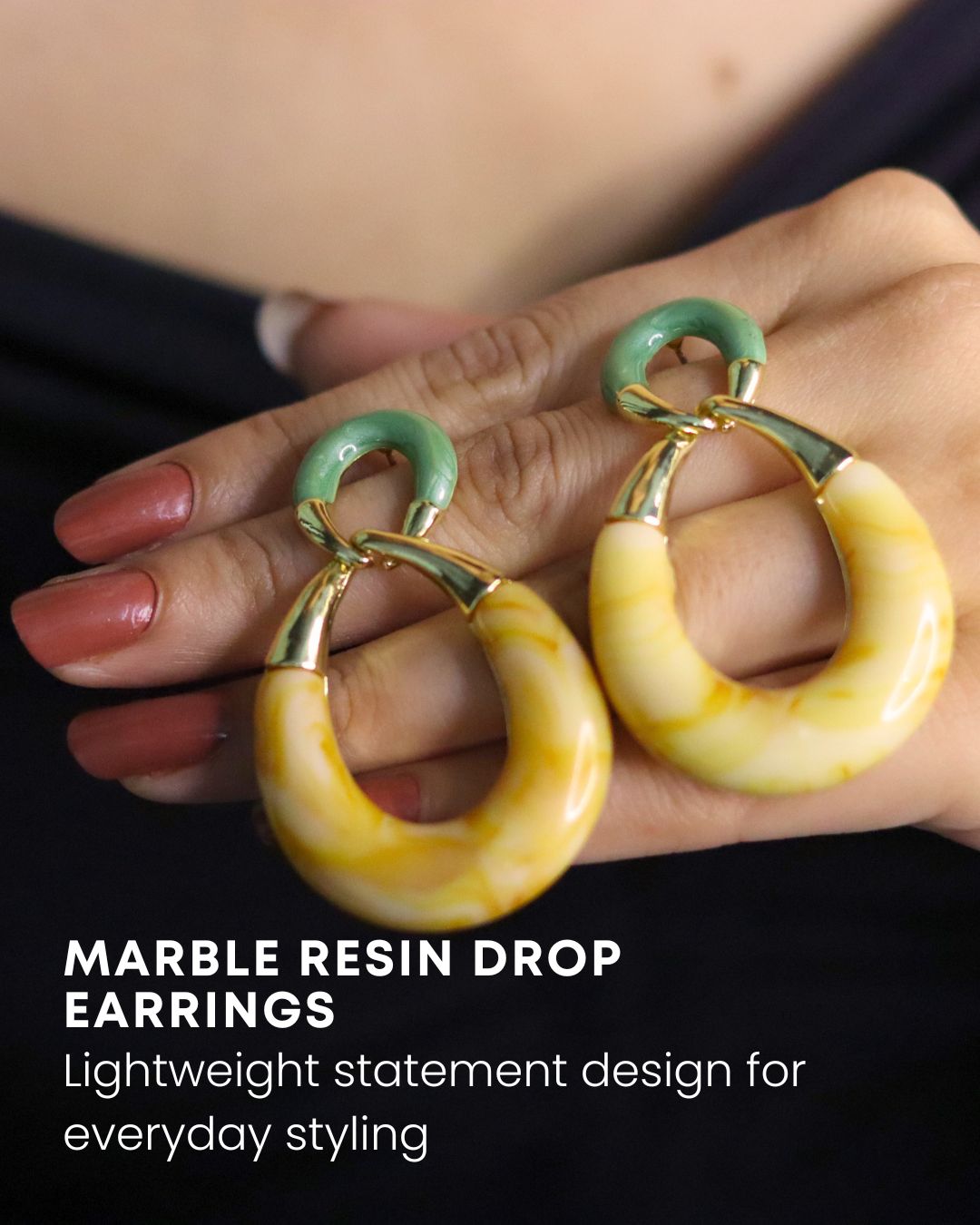 Marble Resin Drop Earrings – Chunky Statement Hoops with Gold Finish 3 Marble Resin Drop Anti Tarnish Earrings