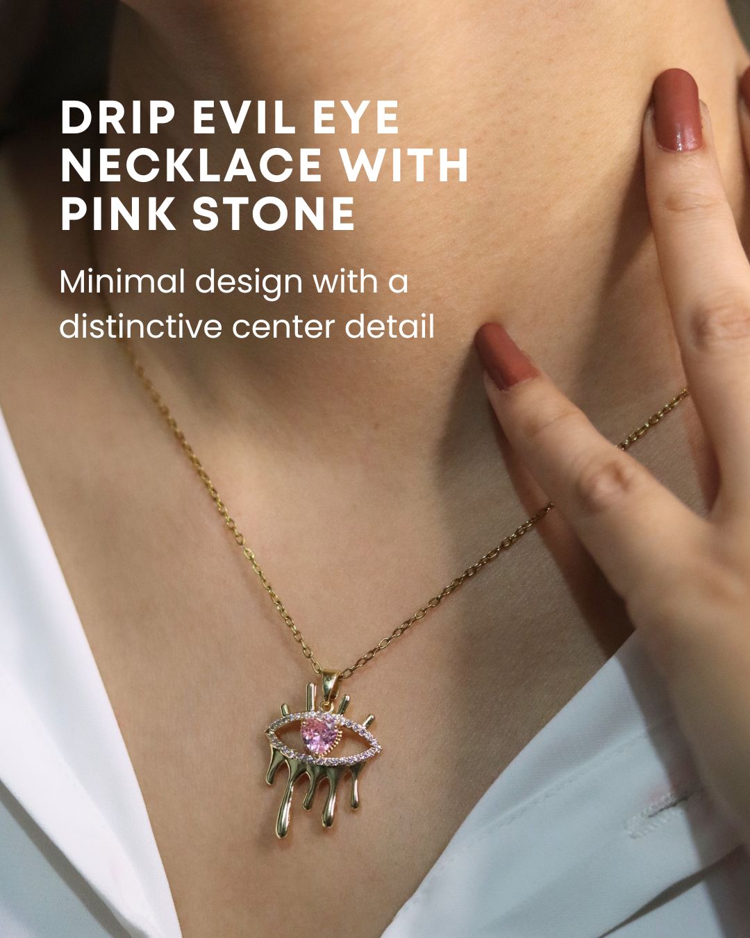 Drip Evil Eye Gold Necklace with Pink Stone – Anti Tarnish Stainless Steel Statement Chain 2 Drip Evil Eye Gold Necklace with Pink Stone – Anti Tarnish