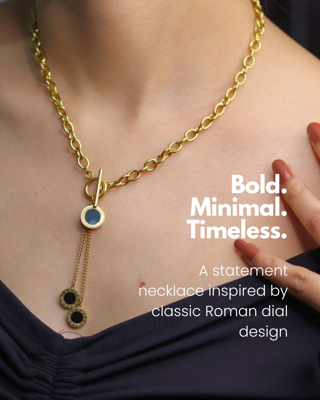 Roman Dial Black Charm Necklace – Luxury Gold Finish, Long Lasting Anti Tarnish Statement Jewellery 2 Roman Dial Black Charm premium quality Necklace