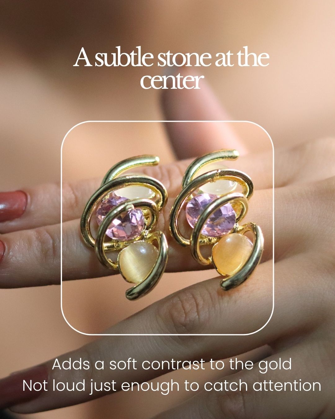 Abstract Gold Swirl Earrings with Pink Stone – Anti Tarnish Stainless Steel Designer Studs 3 Antique Stone Earrings with Pink Stone Anti Tarnish long lasting