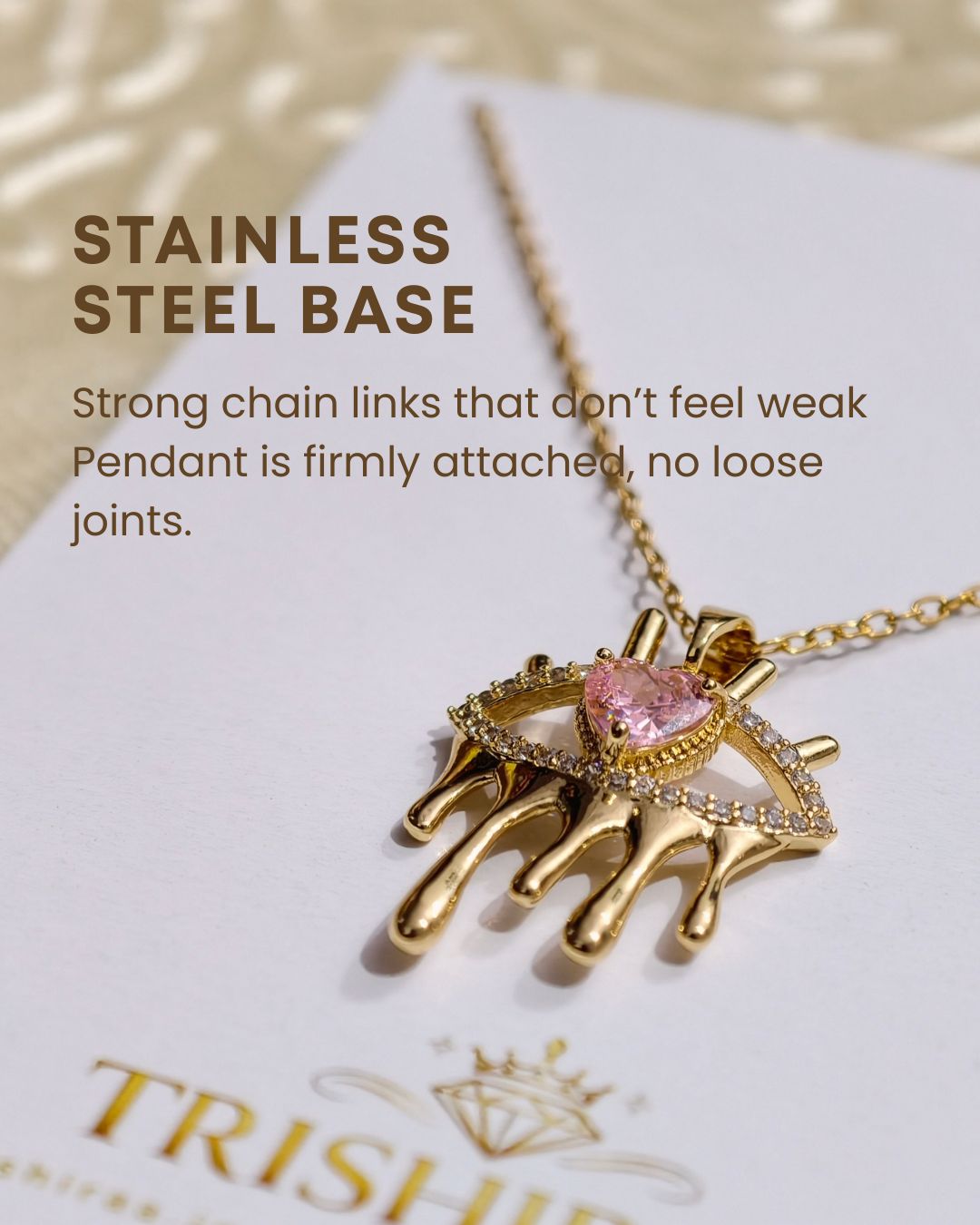 Drip Evil Eye Gold Necklace with Pink Stone – Anti Tarnish Stainless Steel Statement Chain 3 Drip Evil Eye Gold Long Lasting Necklace with Pink Stone – Anti Tarnish