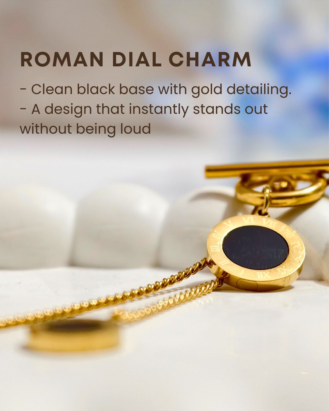 Roman Dial Black Charm Necklace – Luxury Gold Finish, Long Lasting Anti Tarnish Statement Jewellery 5 Roman Dial Black Charm anti tarnish Necklace