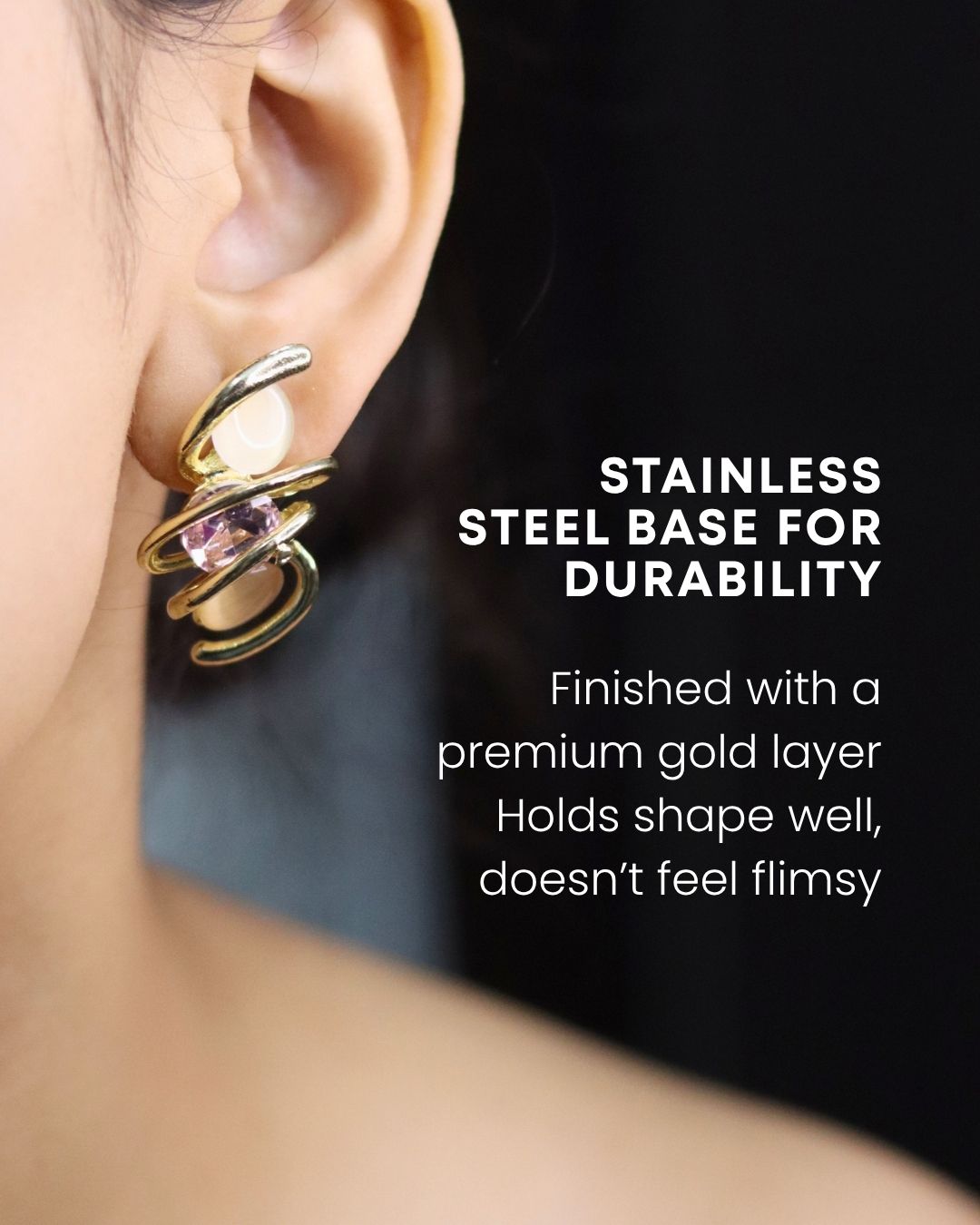 Abstract Gold Swirl Earrings with Pink Stone – Anti Tarnish Stainless Steel Designer Studs 4 Long Lasting Earrings for women in affordable price