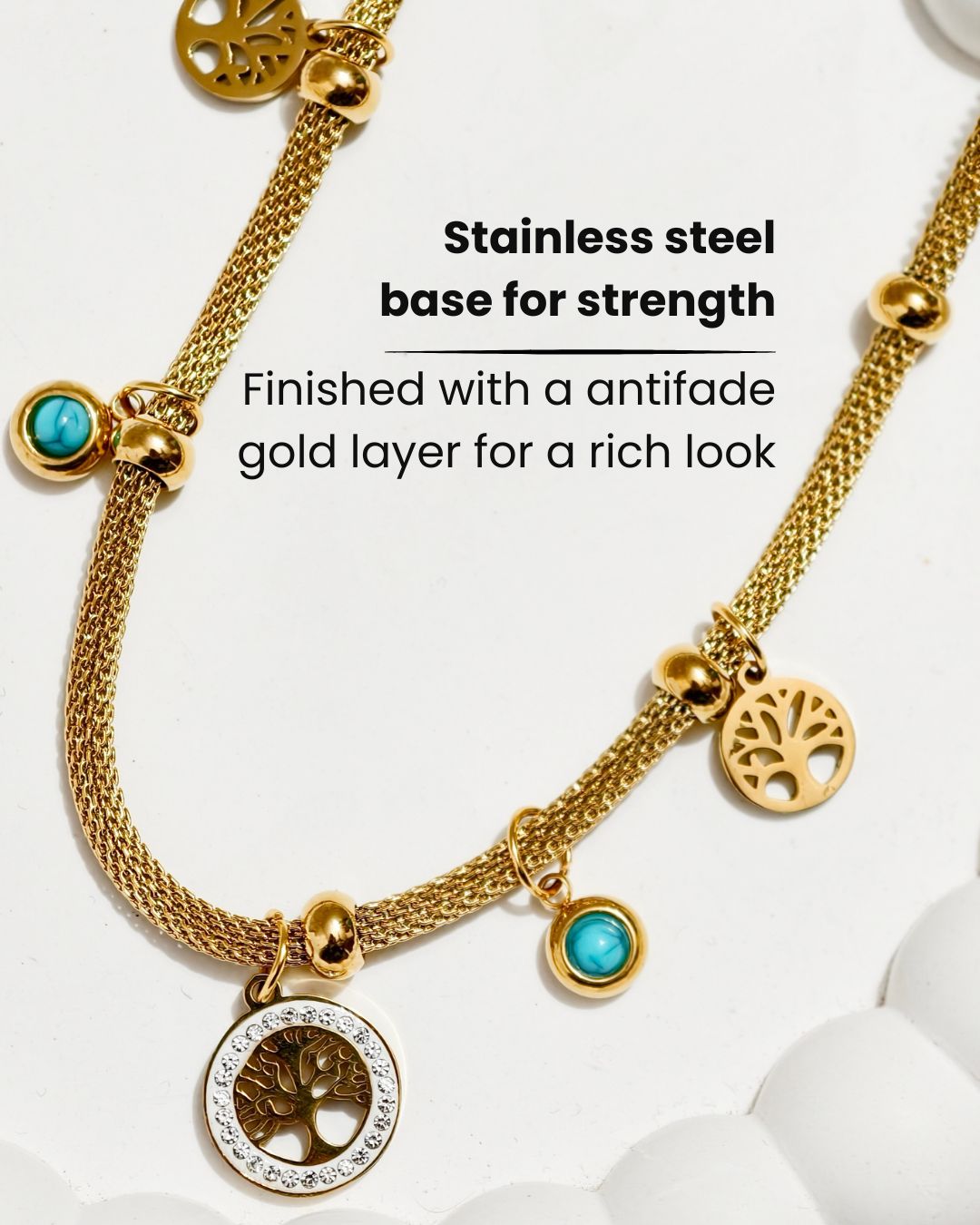 Tree of Life Charm Necklace with Turquoise Beads – Premium Gold Finish, Anti Tarnish & Long Lasting 5 long lasting Necklace with premium gold finish anti tarnish necklace for women