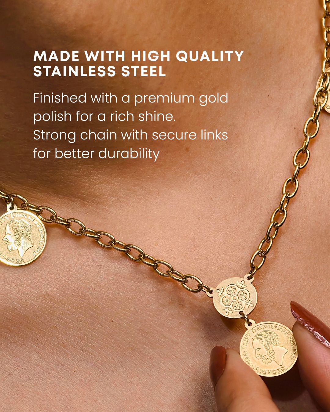 Coin Charm Necklace with Chunky Chain – Premium Gold Finish, Anti Tarnish & Long Lasting Jewellery 4 Coin Charm Anti tarnish Trending Long Lasting Necklace with Chunky Chain with premium gold finish
