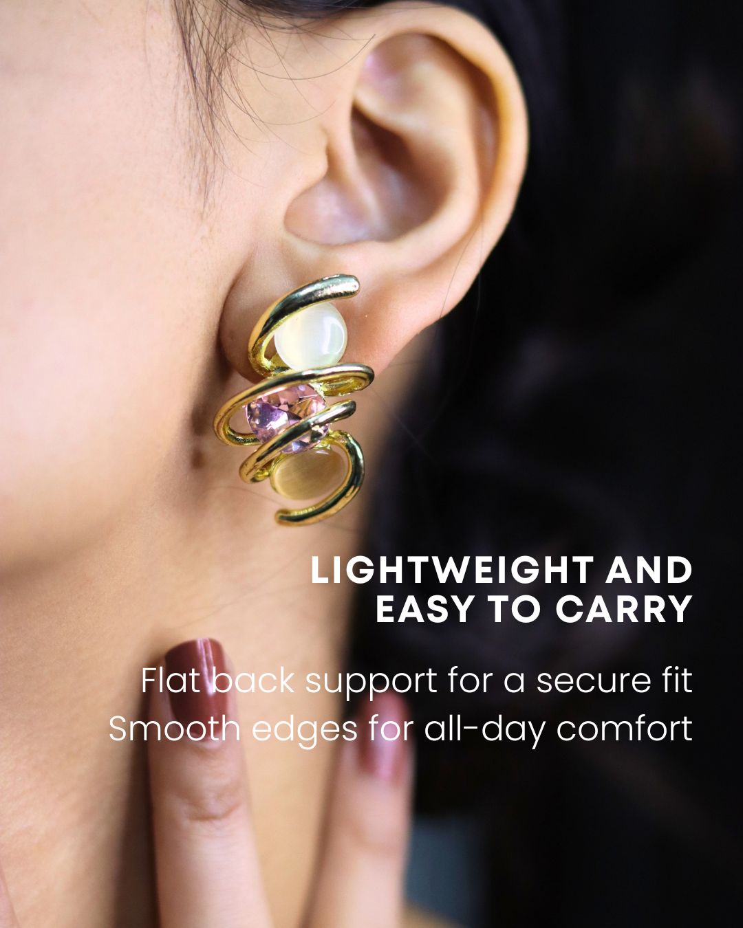 Abstract Gold Swirl Earrings with Pink Stone – Anti Tarnish Stainless Steel Designer Studs 6 Long Lasting Earrings with premium gold finish for women in affordable