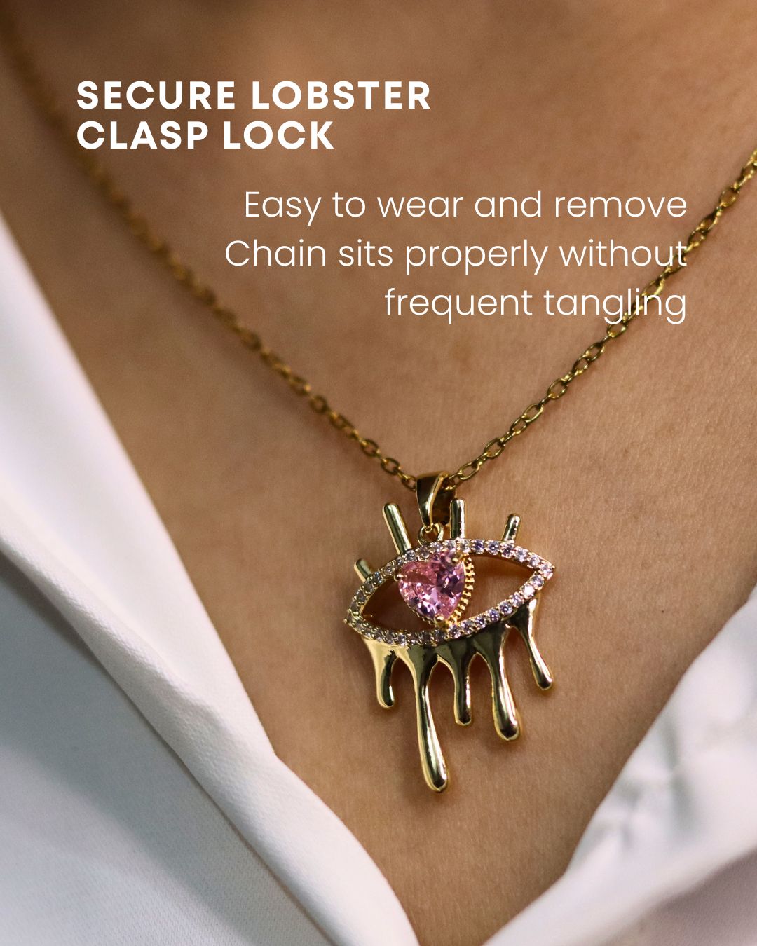 Drip Evil Eye Gold Necklace with Pink Stone – Anti Tarnish Stainless Steel Statement Chain 5 Affordable Drip Evil Eye Gold Long Lasting Necklace with Pink Stone – Anti Tarnish Necklace