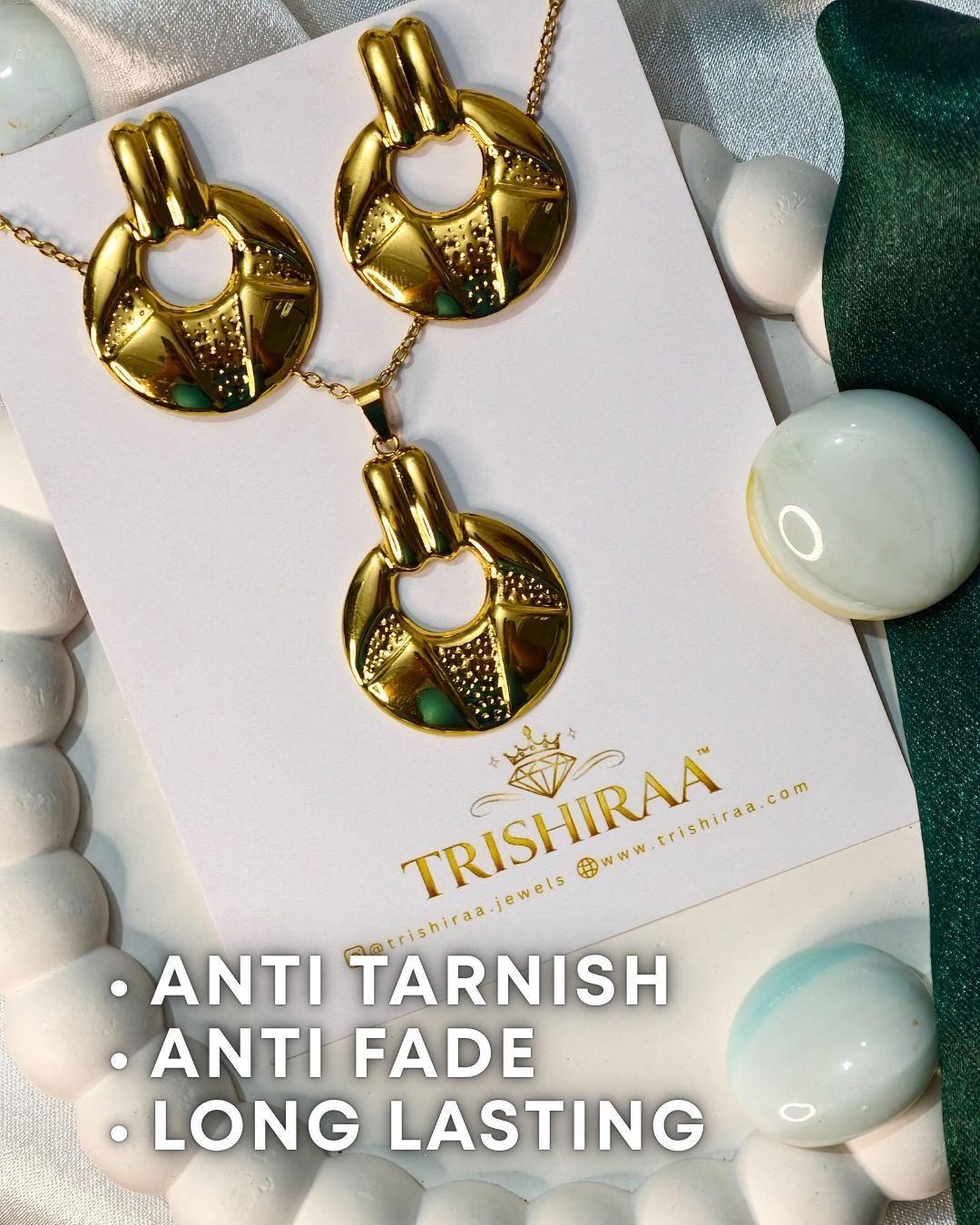 Gold Statement Jewellery Set – Anti Tarnish Stainless Steel Pendant with Matching Earrings 7 Anti Tarnish Earring and necklace set by trishiraa