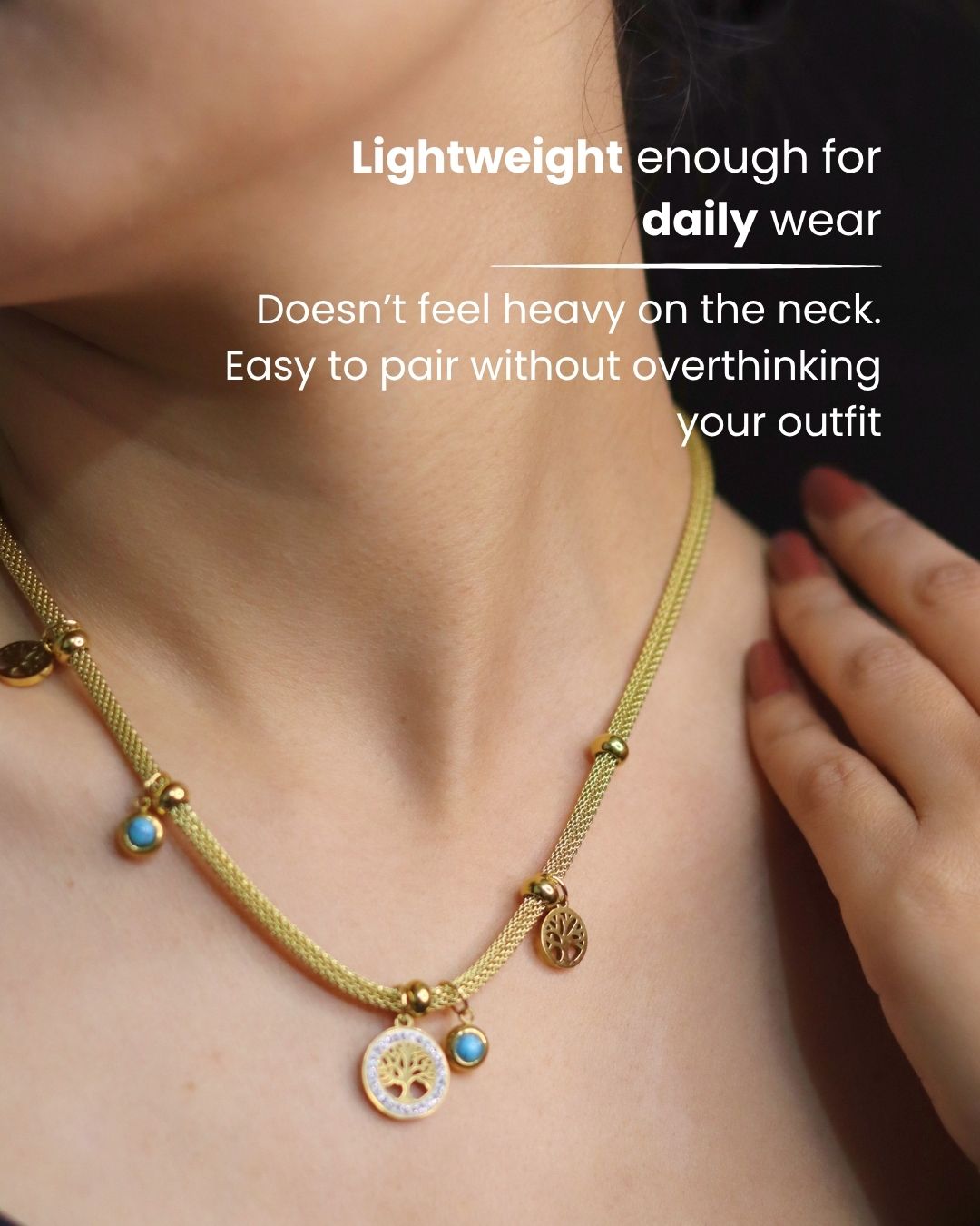 Tree of Life Charm Necklace with Turquoise Beads – Premium Gold Finish, Anti Tarnish & Long Lasting 4 long lasting Necklace with premium gold finish anti tarnish necklace for women Tree of Life Model