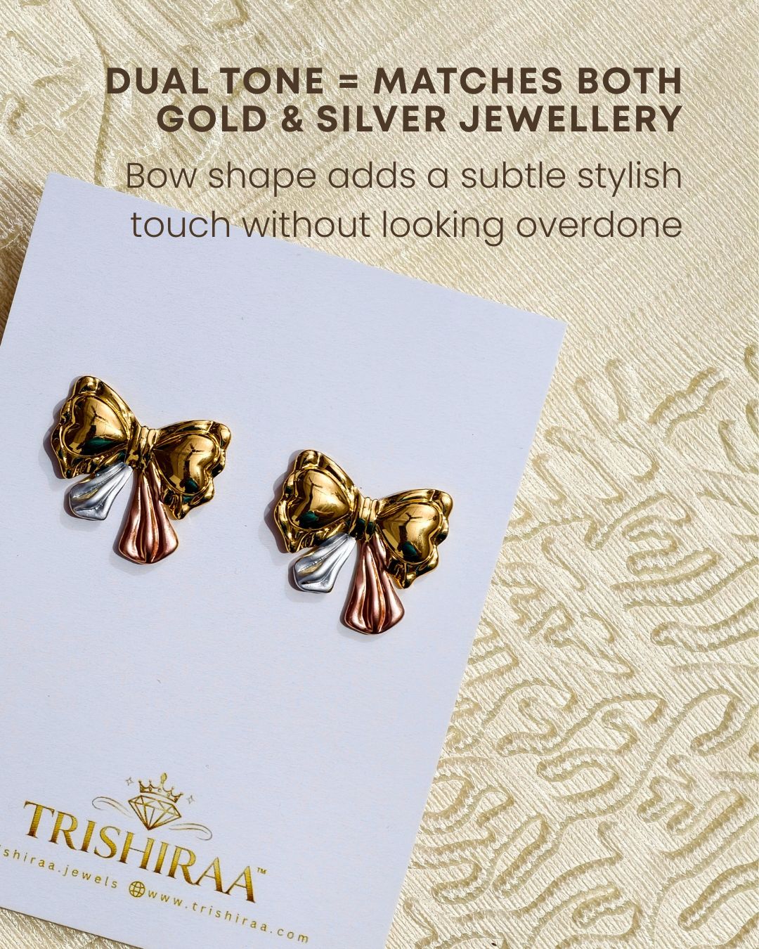 Dual Tone Bow Stud Earrings – Cute Gold Knot Design with Silver & Rose Accents 6 Dual Tone Bow Stud Earrings – Cute Gold Knot Design with Silver & Rose Accents - Trishiraa