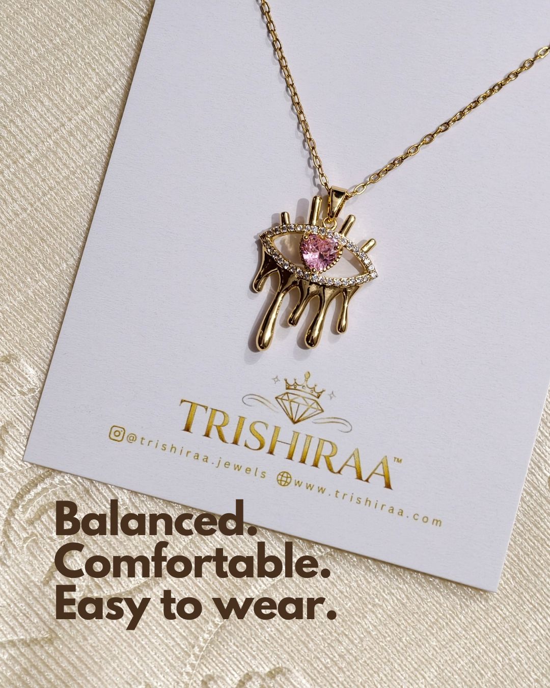 Drip Evil Eye Gold Necklace with Pink Stone – Anti Tarnish Stainless Steel Statement Chain 6 Drip Evil Eye Gold Necklace with Pink Stone – Anti Tarnish Stainless Steel Statement Chain - Trishiraa
