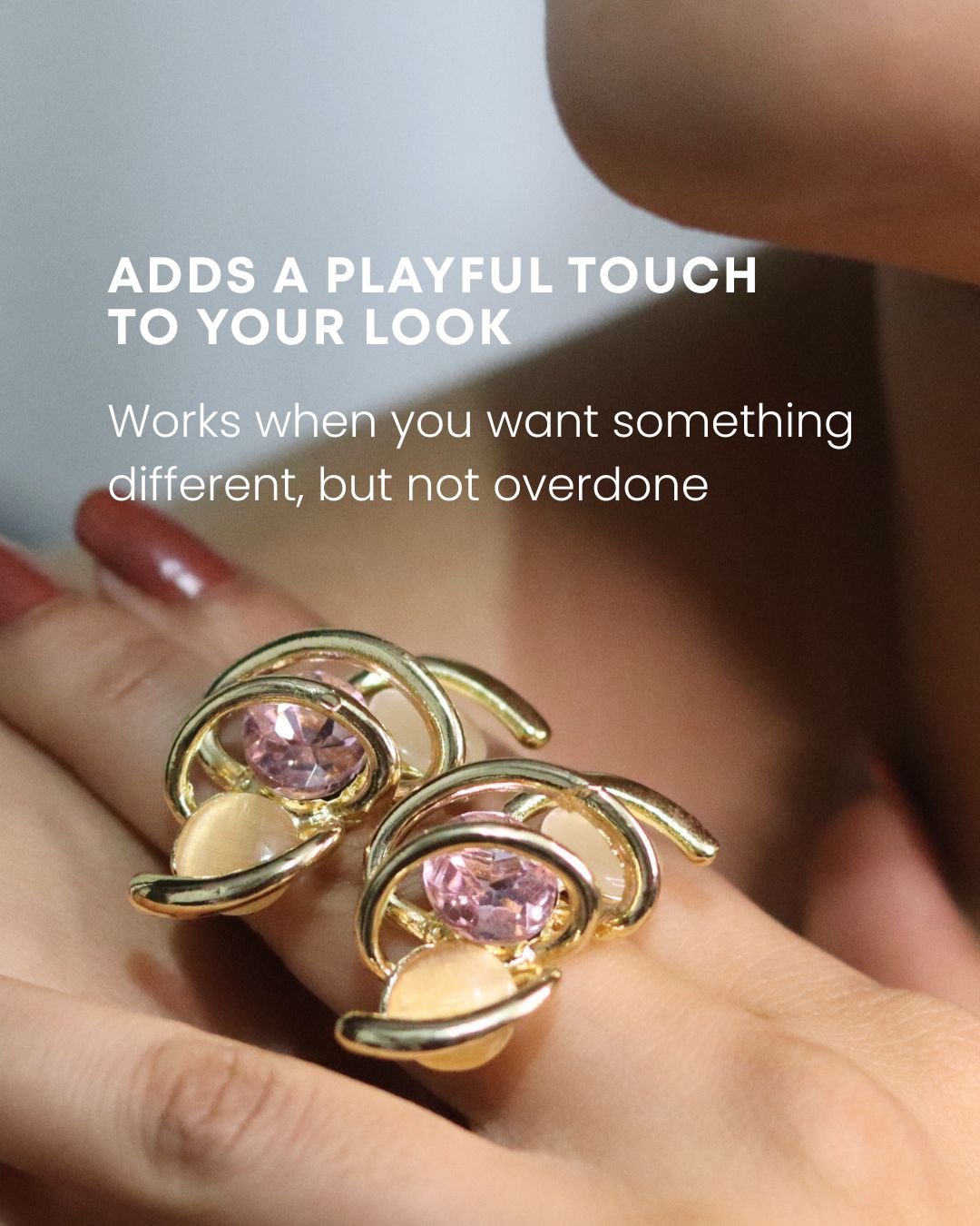 Abstract Gold Swirl Earrings with Pink Stone – Anti Tarnish Stainless Steel Designer Studs 5 Abstract Gold Swirl Earrings with Pink Stone – Anti Tarnish Stainless Steel Designer Studs - Trishiraa