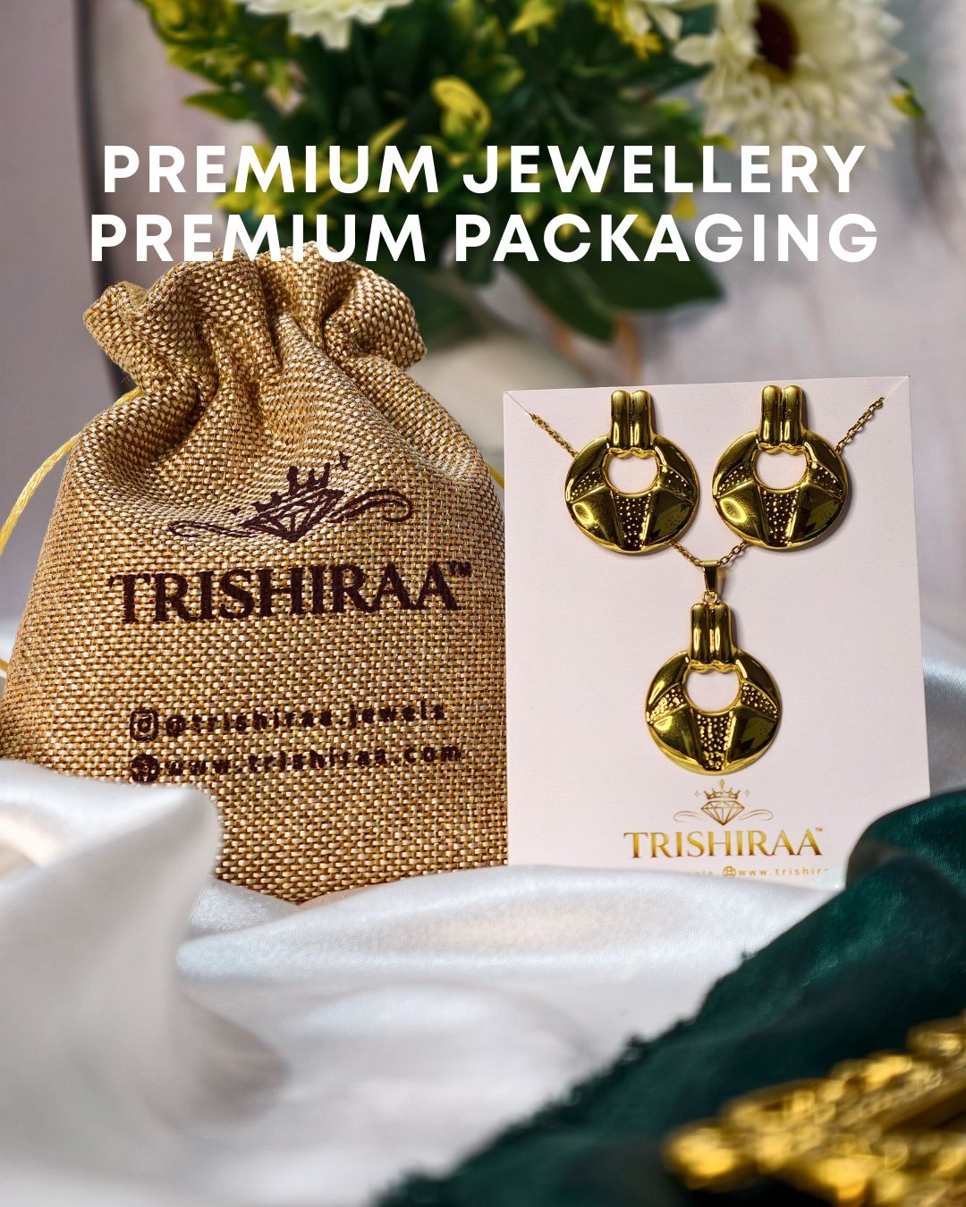Gold Statement Jewellery Set – Anti Tarnish Stainless Steel Pendant with Matching Earrings 5 Gold Statement Anti Tarnish premium gold finished Jewellery Set