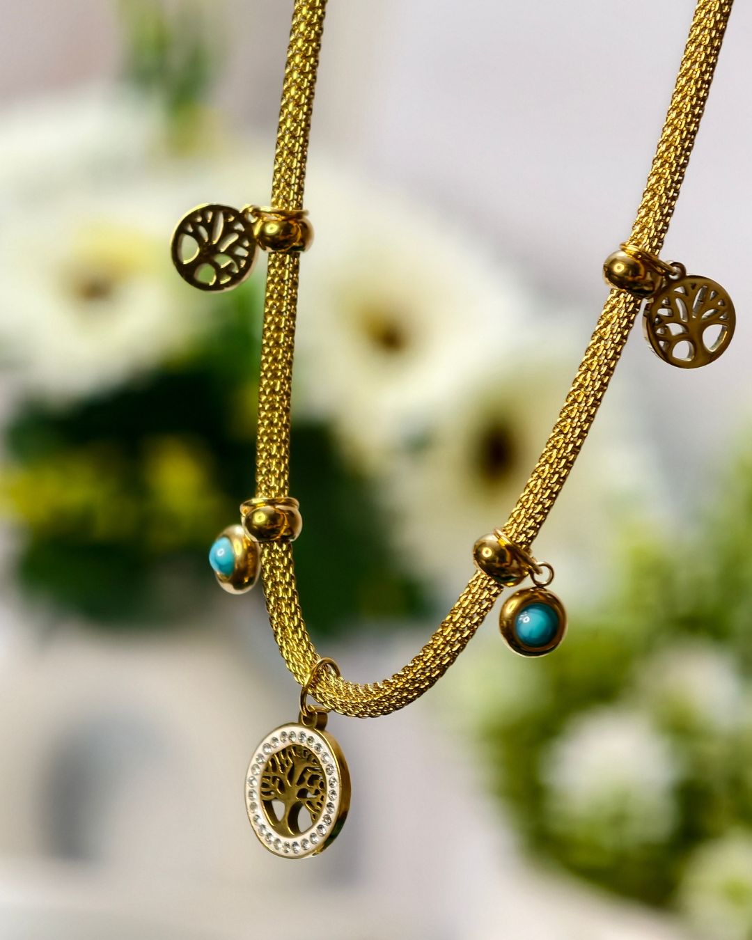 Tree of Life Charm Necklace with Turquoise Beads – Premium Gold Finish, Anti Tarnish & Long Lasting 7 Tree of Life Charm Necklace with premium gold finish