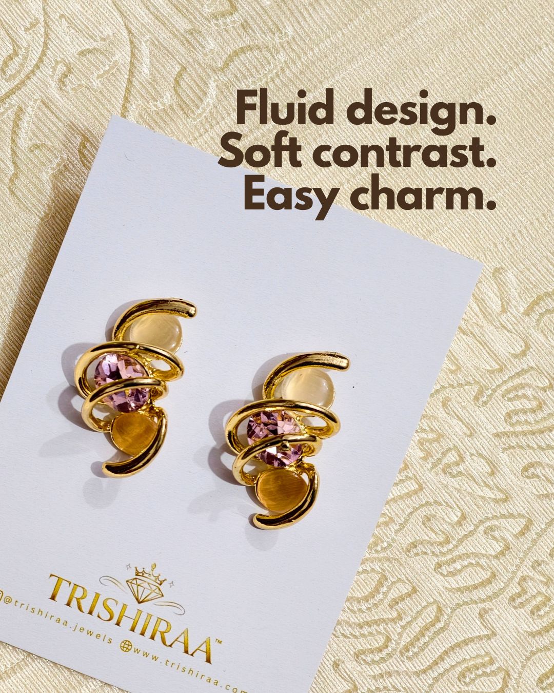 Abstract Gold Swirl Earrings with Pink Stone – Anti Tarnish Stainless Steel Designer Studs 7 Abstract Gold Swirl Earrings with Pink Stone Anti Tarnish Stainless Steel