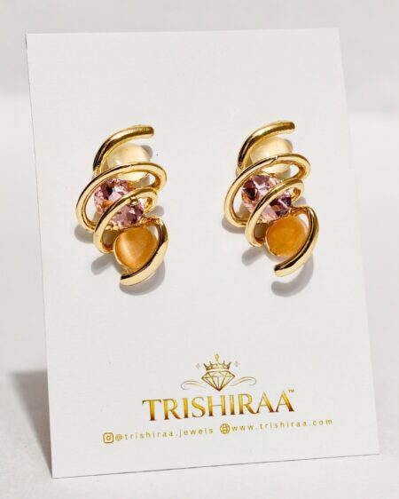 Abstract Gold Swirl Earrings with Pink Stone – Anti Tarnish Stainless Steel Designer Studs - Trishiraa