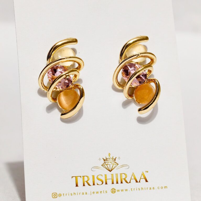 Abstract Gold Swirl Earrings with Pink Stone – Anti Tarnish Stainless Steel Designer Studs - Trishiraa