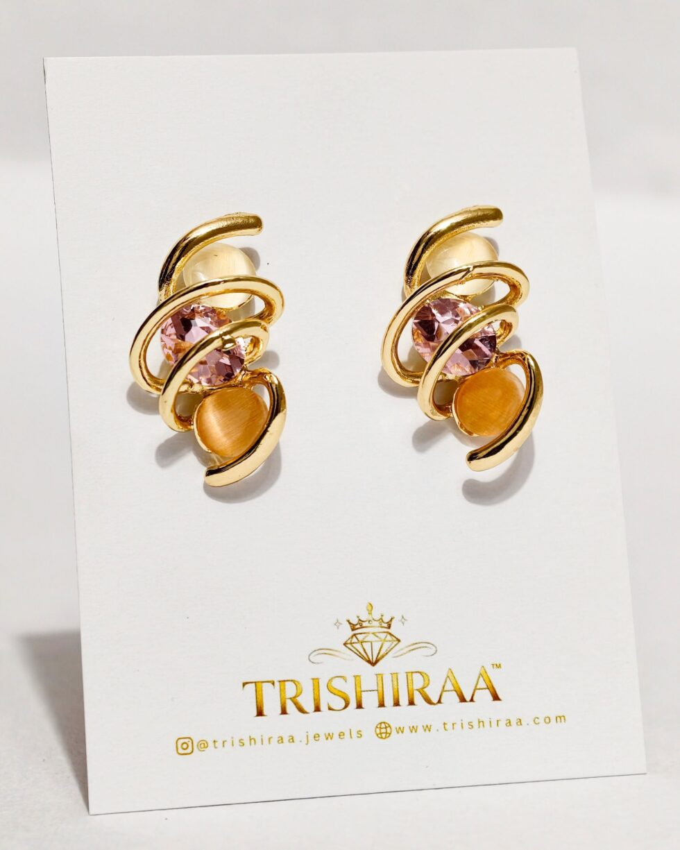 Abstract Gold Swirl Earrings with Pink Stone – Anti Tarnish Stainless Steel Designer Studs - Trishiraa