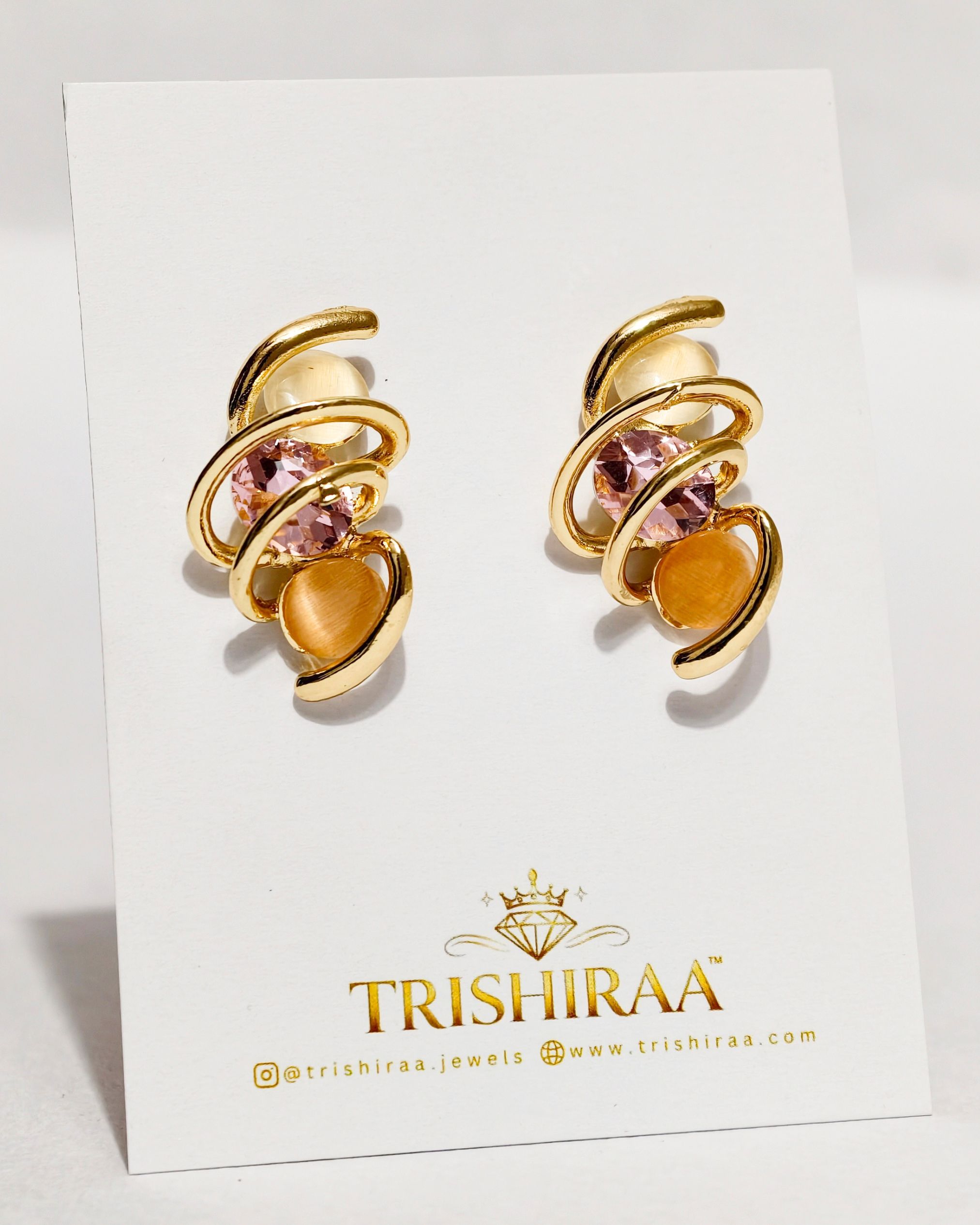 Abstract Gold Swirl Earrings with Pink Stone – Anti Tarnish Stainless Steel Designer Studs - Trishiraa
