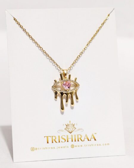 Drip Evil Eye Gold Necklace with Pink Stone – Anti Tarnish Stainless Steel Statement Chain - Trishiraa