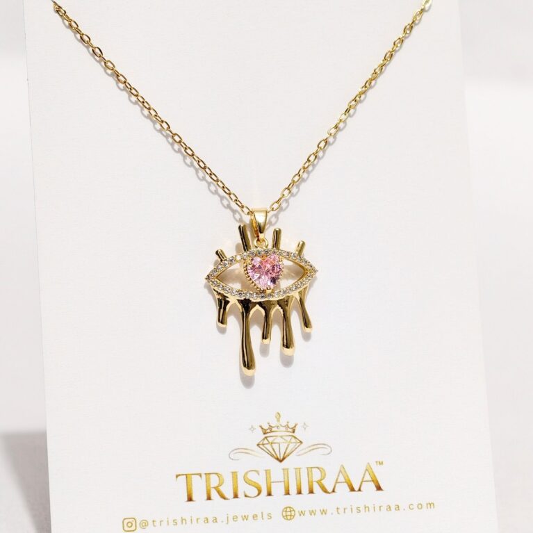 Drip Evil Eye Gold Necklace with Pink Stone – Anti Tarnish Stainless Steel Statement Chain - Trishiraa