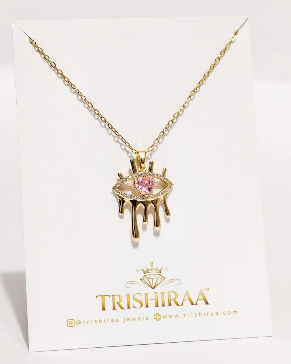 Drip Evil Eye Gold Necklace with Pink Stone – Anti Tarnish Stainless Steel Statement Chain - Trishiraa