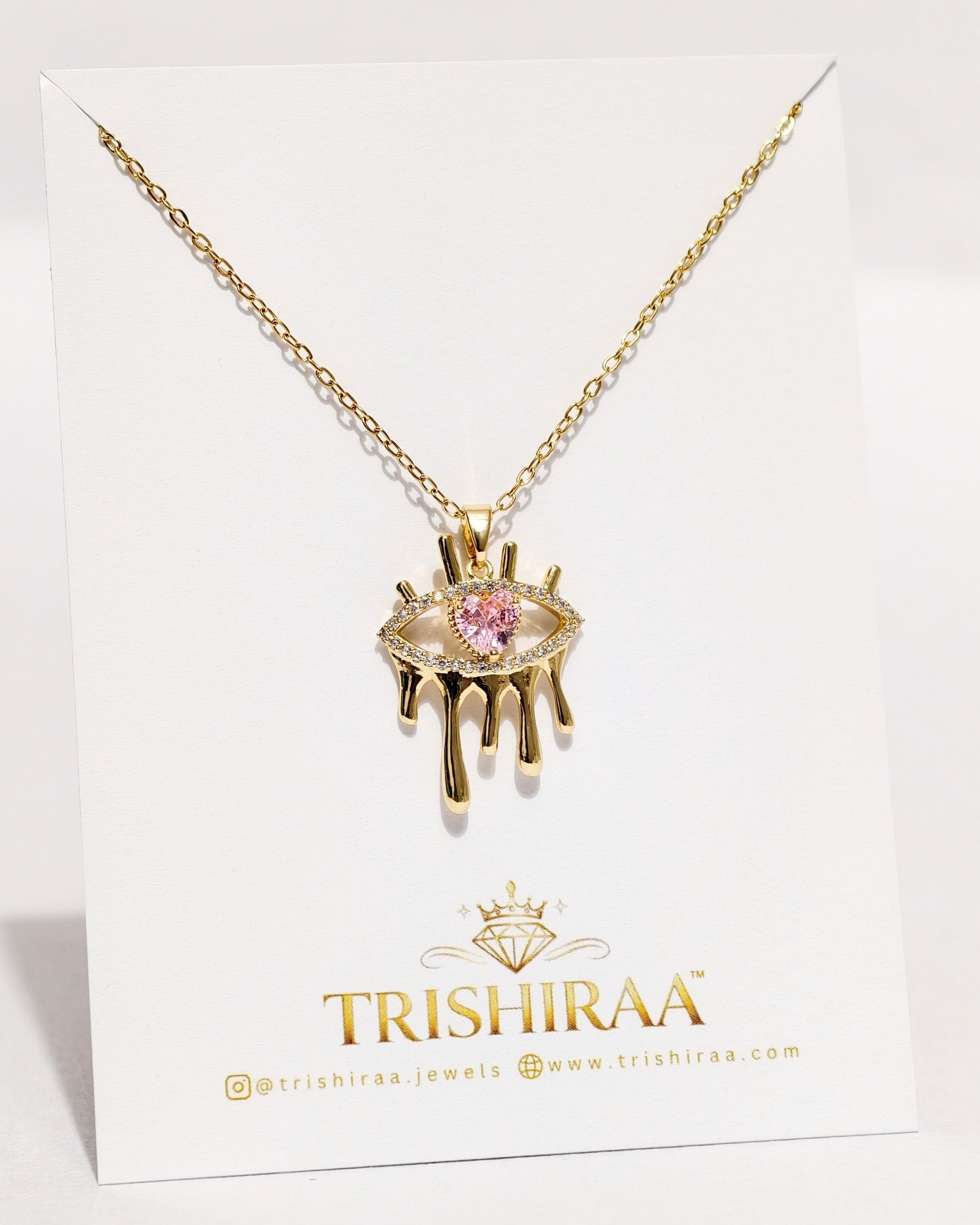 Drip Evil Eye Gold Necklace with Pink Stone – Anti Tarnish Stainless Steel Statement Chain - Trishiraa