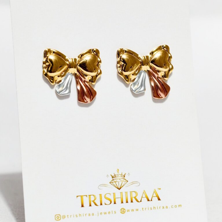 Dual Tone Bow Stud Earrings – Cute Gold Knot Design with Silver & Rose Accents - Trishiraa