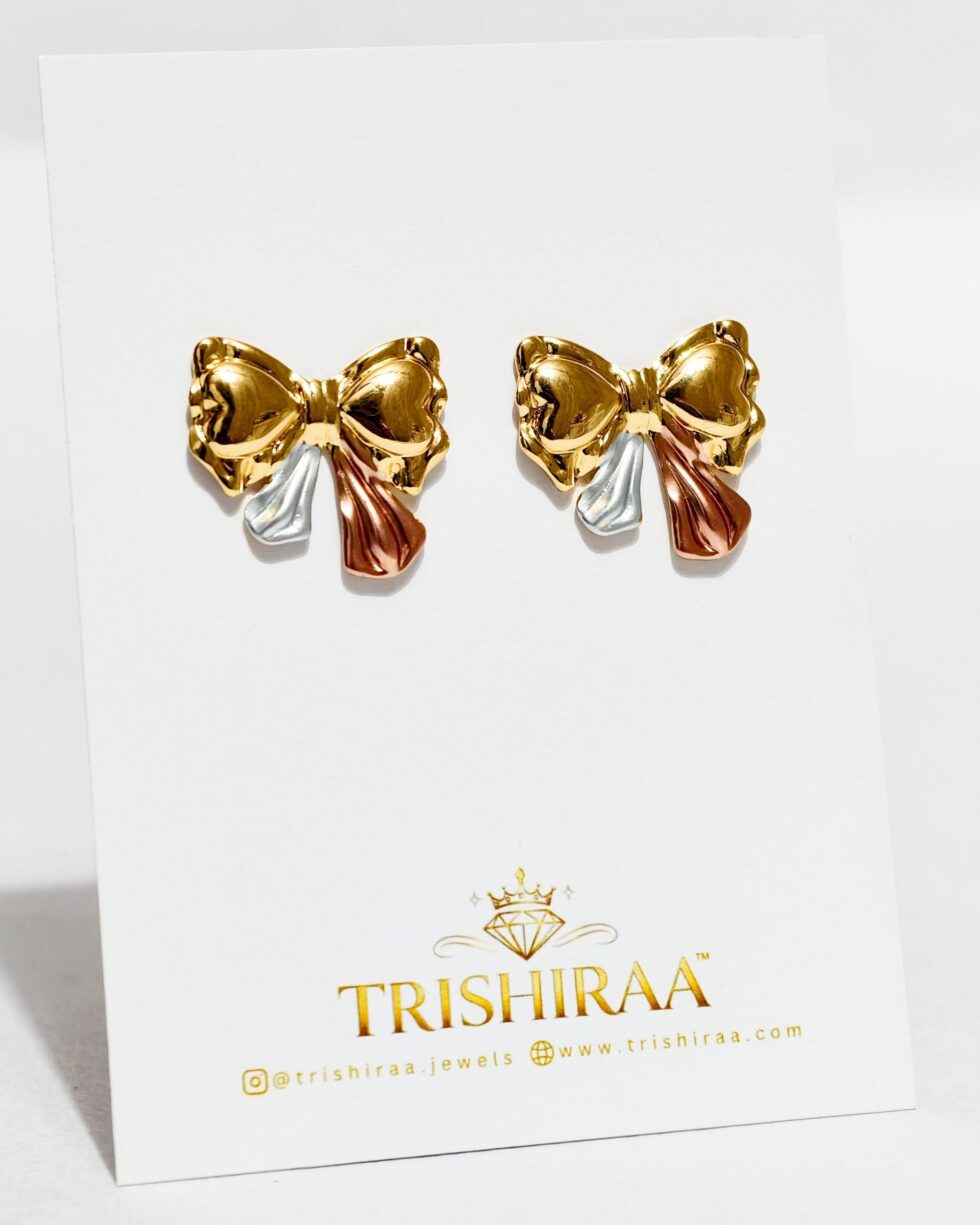 Dual Tone Bow Stud Earrings – Cute Gold Knot Design with Silver & Rose Accents - Trishiraa