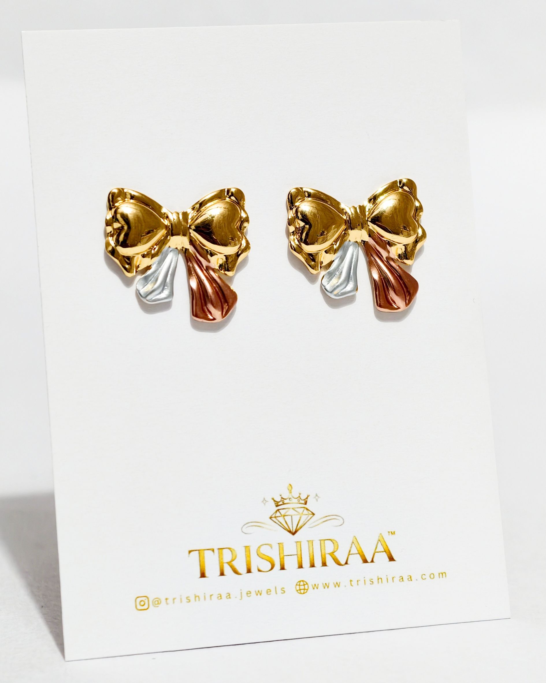 Dual Tone Bow Stud Earrings – Cute Gold Knot Design with Silver & Rose Accents - Trishiraa