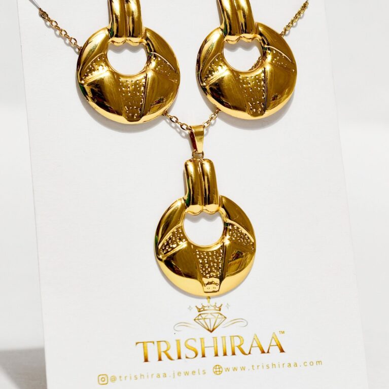 Gold Statement Jewellery Set – Anti Tarnish Stainless Steel Pendant with Matching Earrings - Trishiraa