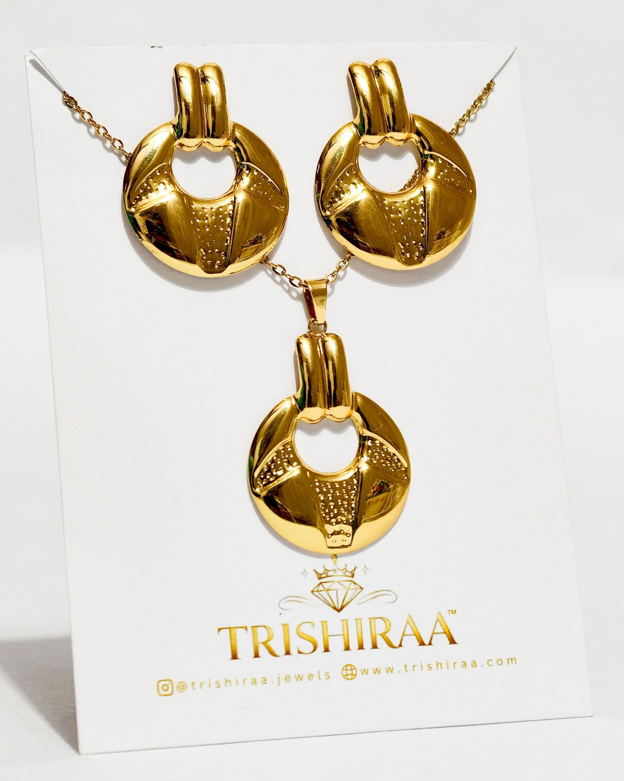 Gold Statement Jewellery Set – Anti Tarnish Stainless Steel Pendant with Matching Earrings - Trishiraa