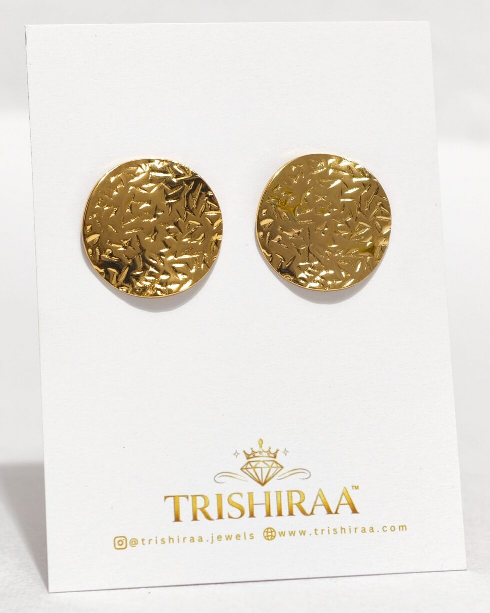 Hammered Gold Disc Stud Earrings – Anti Tarnish Stainless Steel Daily Wear Basics - Trishiraa (1)
