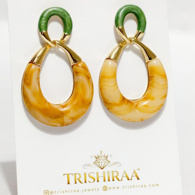 Marble Resin Drop Earrings – Chunky Statement Hoops with Gold Finish - Trishiraa (1)