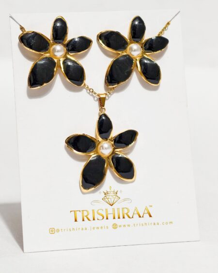 Midnight Bloom Pearl Set – Black Floral Pendant & Earrings Combo - Trishiraa