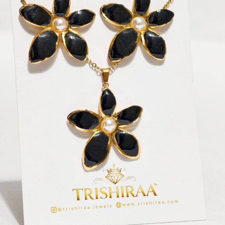 Midnight Bloom Pearl Set – Black Floral Pendant & Earrings Combo - Trishiraa