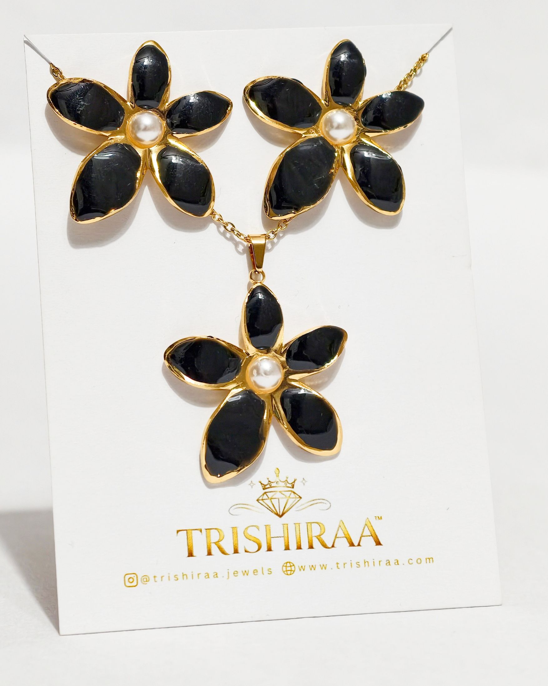Midnight Bloom Pearl Set – Black Floral Pendant & Earrings Combo - Trishiraa