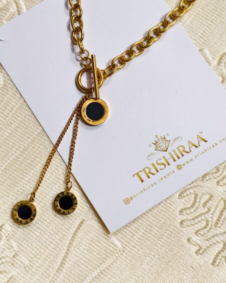 Roman Dial Black Charm Necklace – Luxury Gold Finish, Long Lasting Anti Tarnish Statement Jewellery