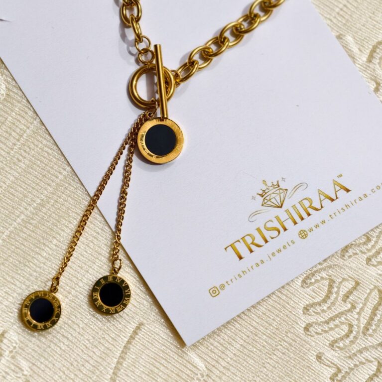 Roman Dial Black Charm Necklace – Luxury Gold Finish, Long Lasting Anti Tarnish Statement Jewellery