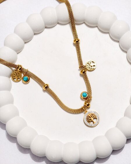 Tree of Life Charm Necklace with Turquoise Beads – Premium Gold Finish, Anti Tarnish & Long Lasting