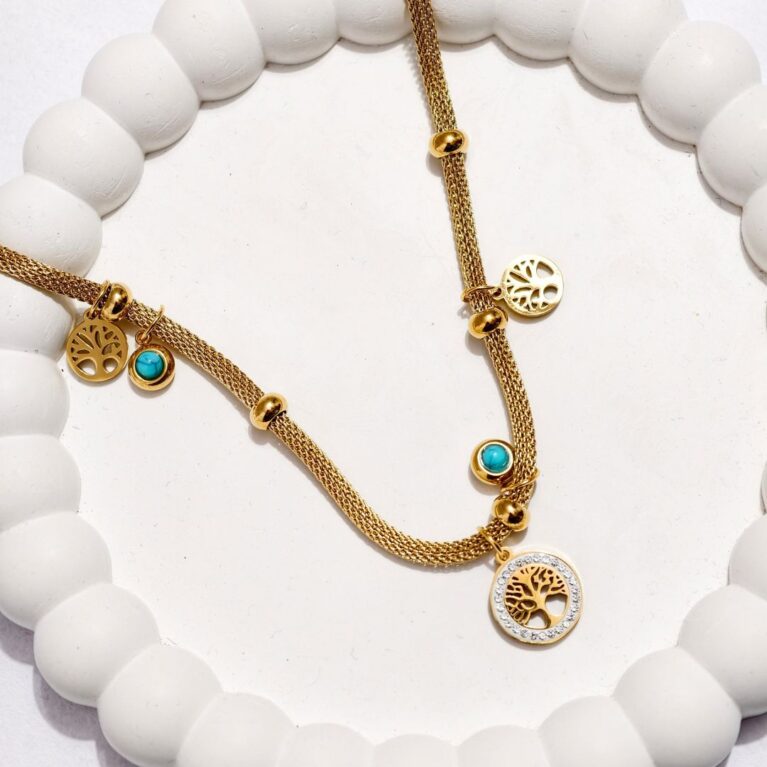 Tree of Life Charm Necklace with Turquoise Beads – Premium Gold Finish, Anti Tarnish & Long Lasting