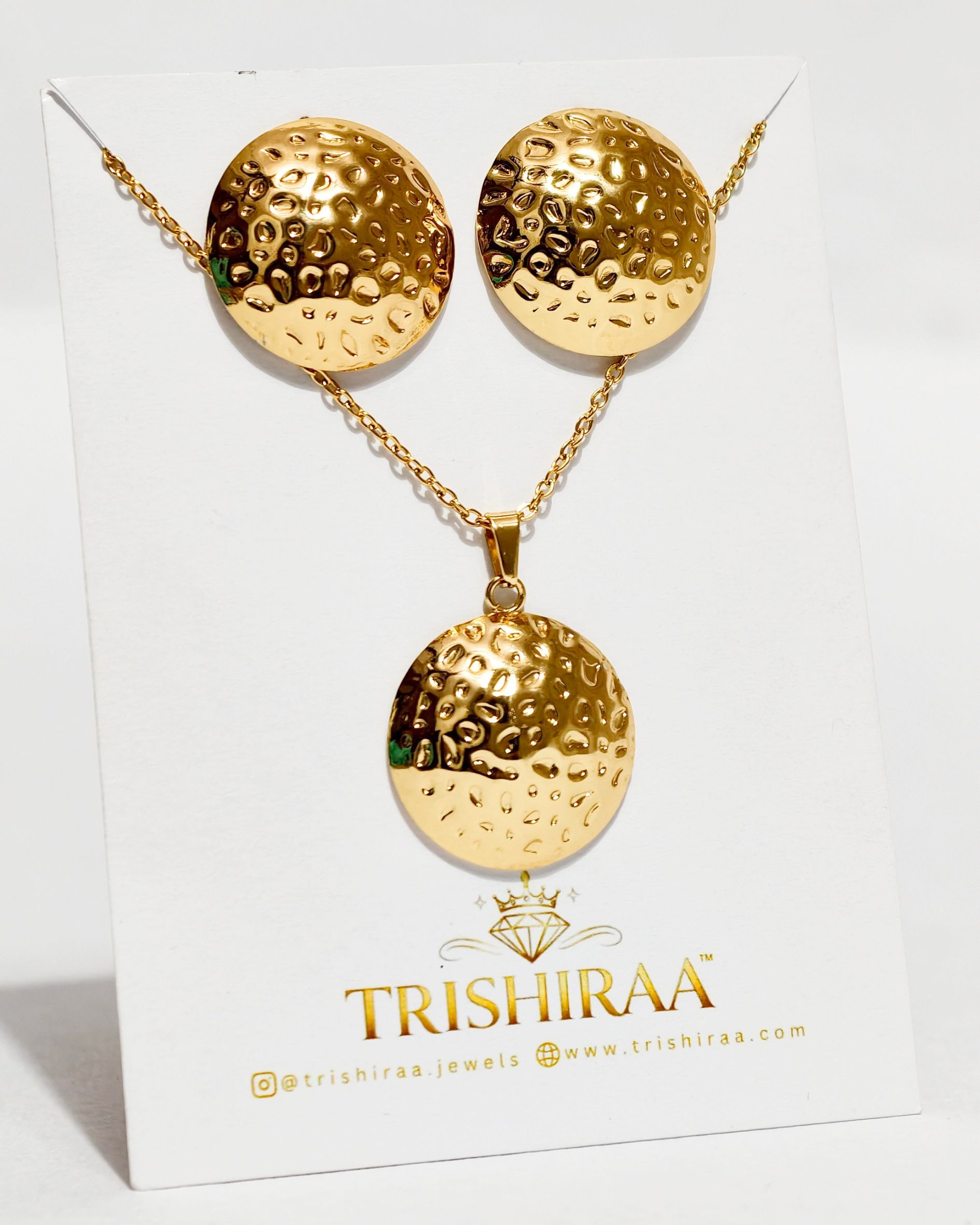 Anti Tarnish Hammered Disc Jewellery Set – Premium Long Lasting Stainless Steel Pendant & Earrings